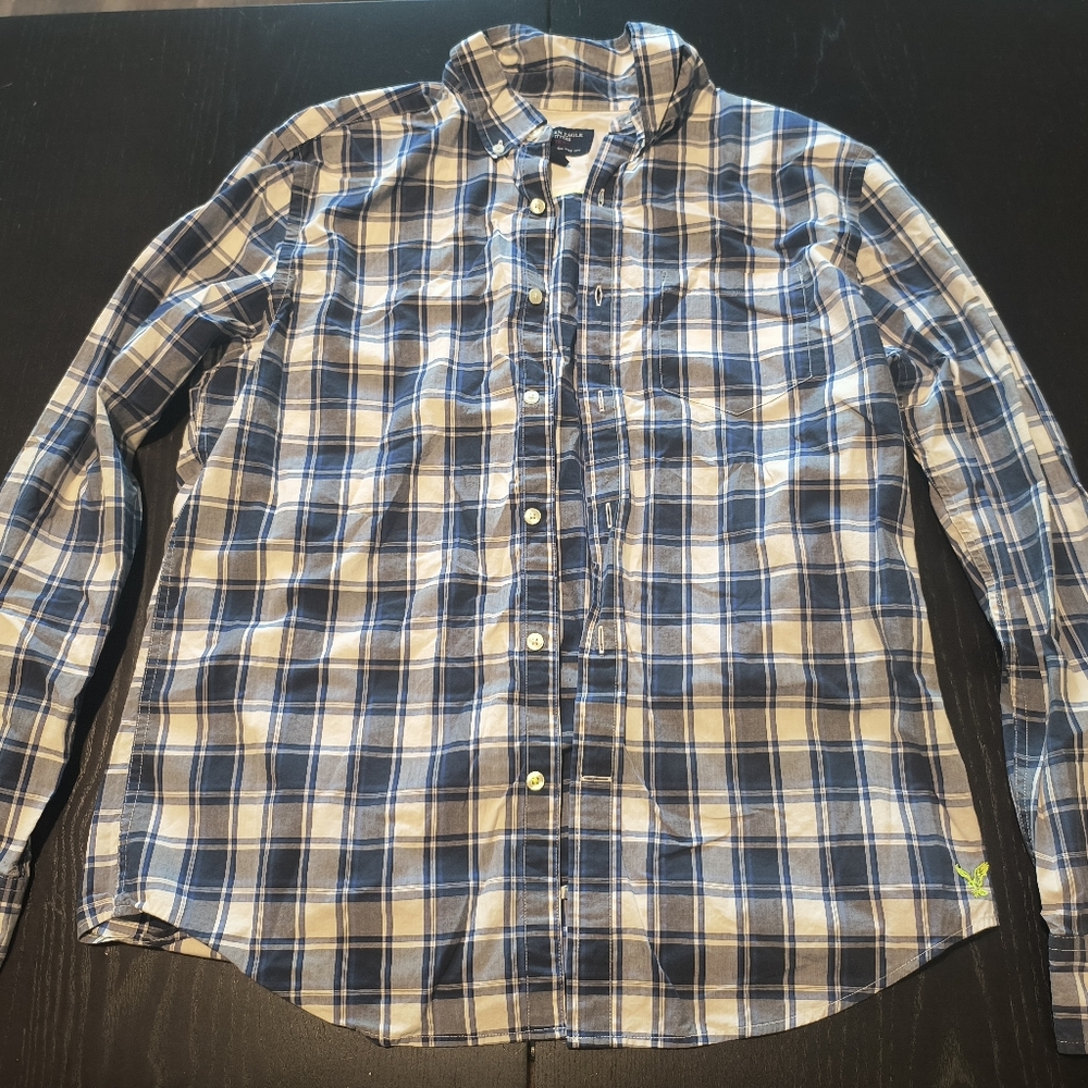 American Eagle Shirt Button-Down Long-Sleeve Blue & White Plaid Mens Medium